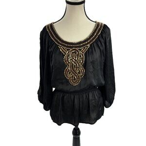 Bebe Womens Size S Black Blouse Beaded Embellished Scoop Neck Long Sleeve Top